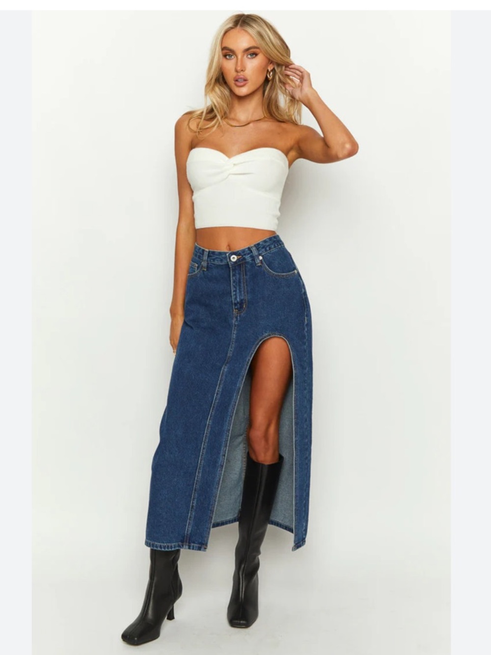 Beginning Boutique Dark Blue Denim Skirt with Front Zip Detail